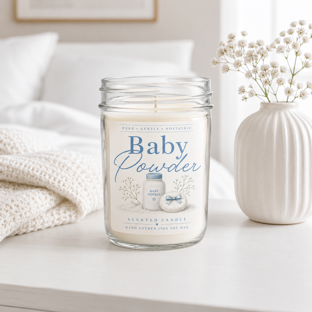 Baby Powder scented candle on a white surface with a vase of flowers in the background