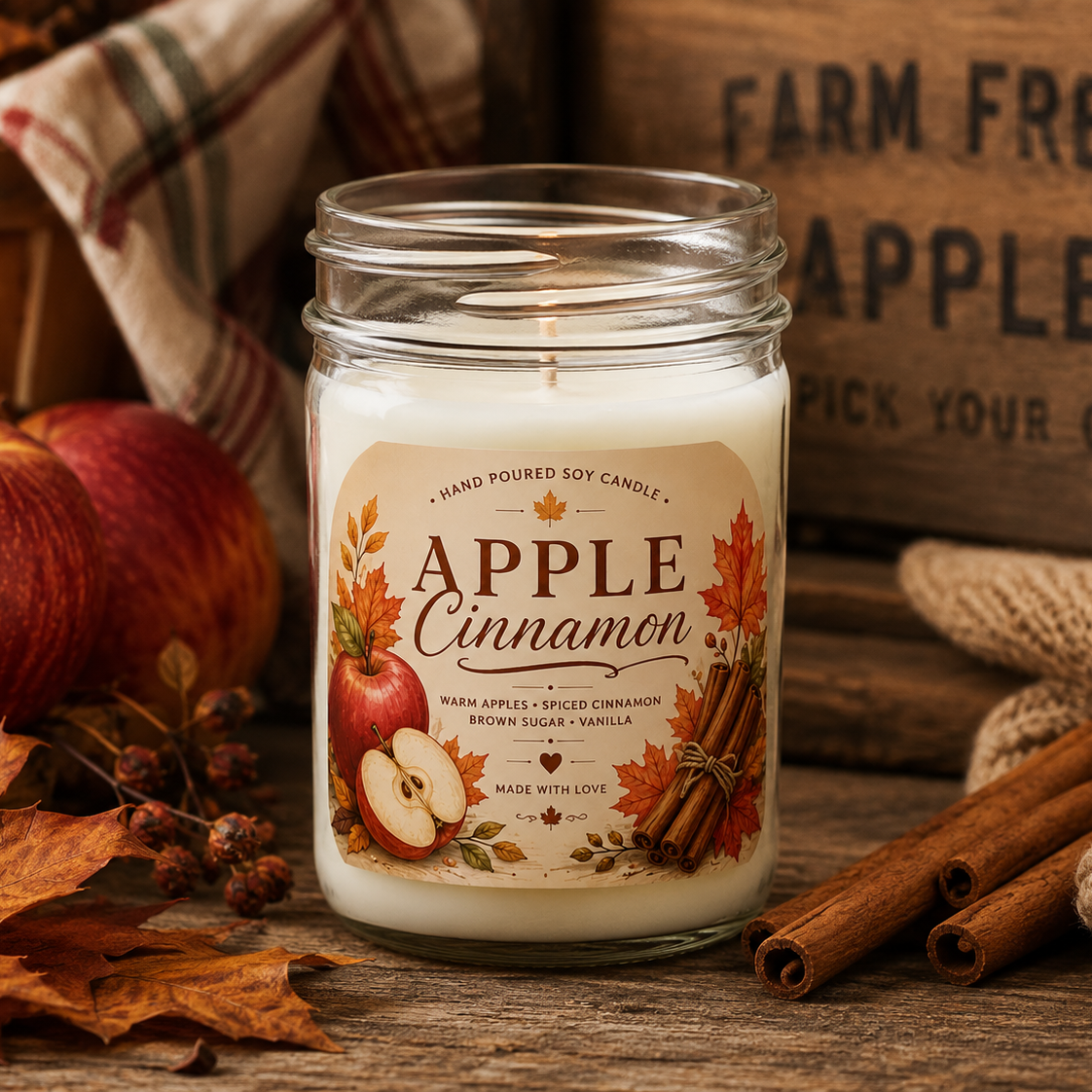 Jar candle labeled 'Apple Cinnamon' with autumn-themed design, surrounded by apples, leaves, and cinnamon sticks on a rustic background.
