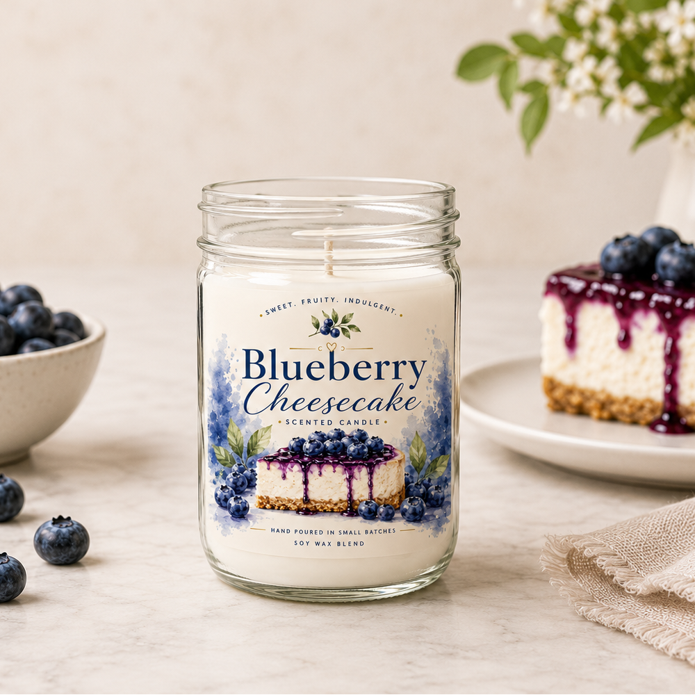 Blueberry Cheesecake candle in a jar with blueberries and cheesecake on a table
