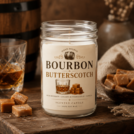 Bourbon Butterscotch candle with a glass of bourbon and butterscotch candies on a wooden surface.