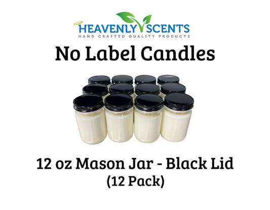 12 oz Mason Jar Wholesale Soy Candles - Black Lid - 12 Pack - No Labels