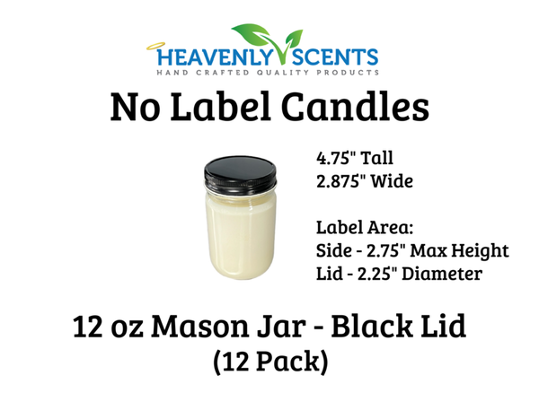 12 oz Mason Jar Wholesale Soy Candles - Black Lid - 12 Pack - No Labels