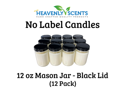 12 oz Mason Jar Wholesale Soy Candles - Black Lid - 12 Pack - No Labels